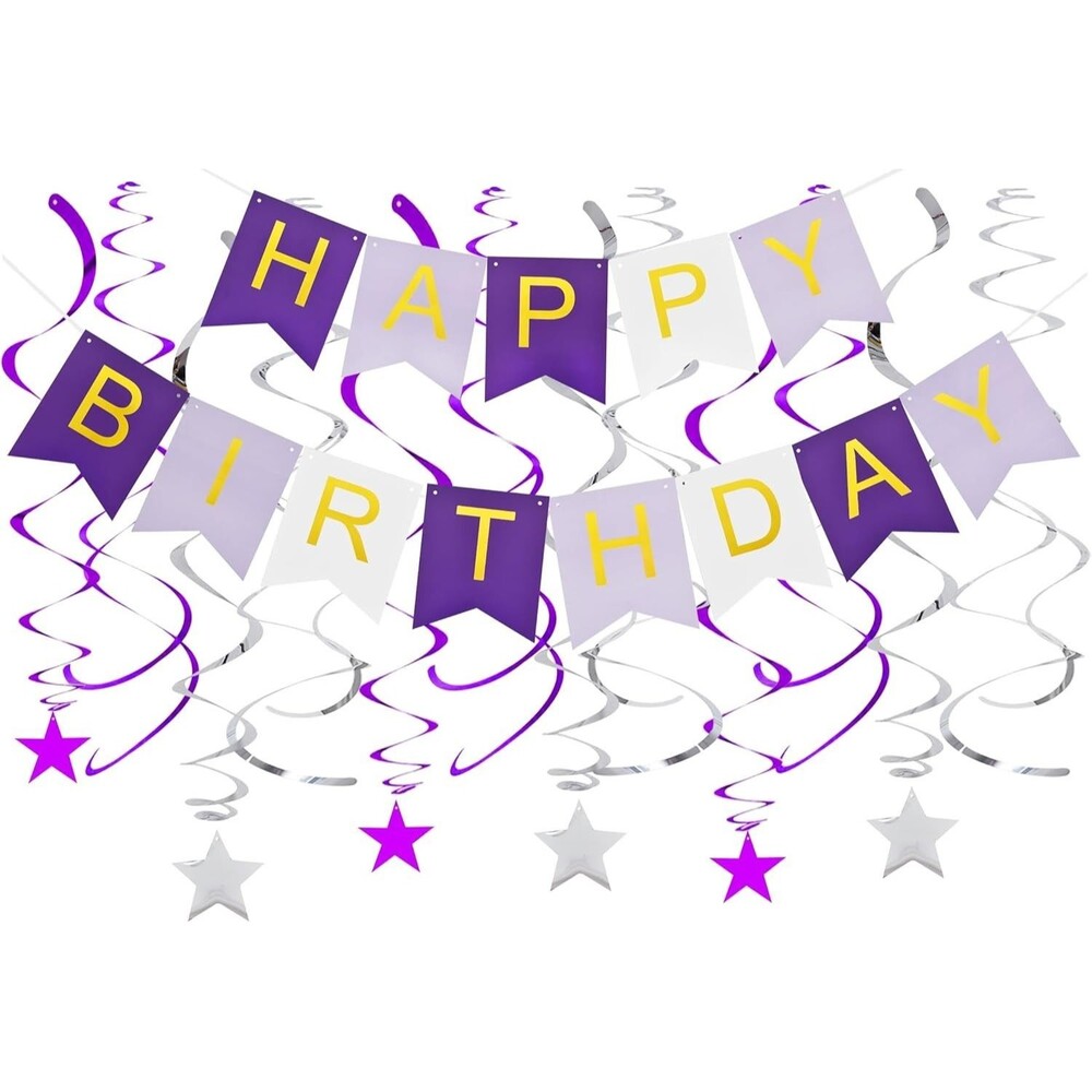 BEISHIDA Purple HAPPY BIRTHDAY Banner with 12pcs Purple and Silver Stars Hanging